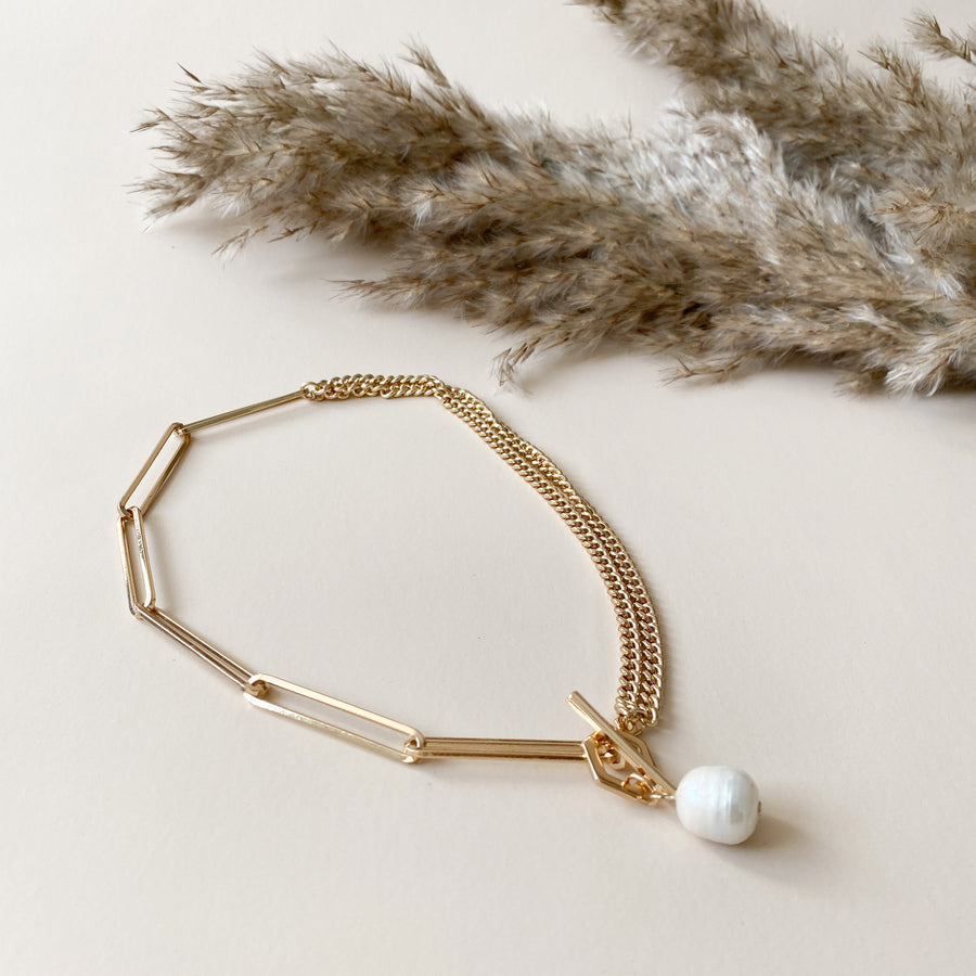Pearl gold hexagon t bar necklace