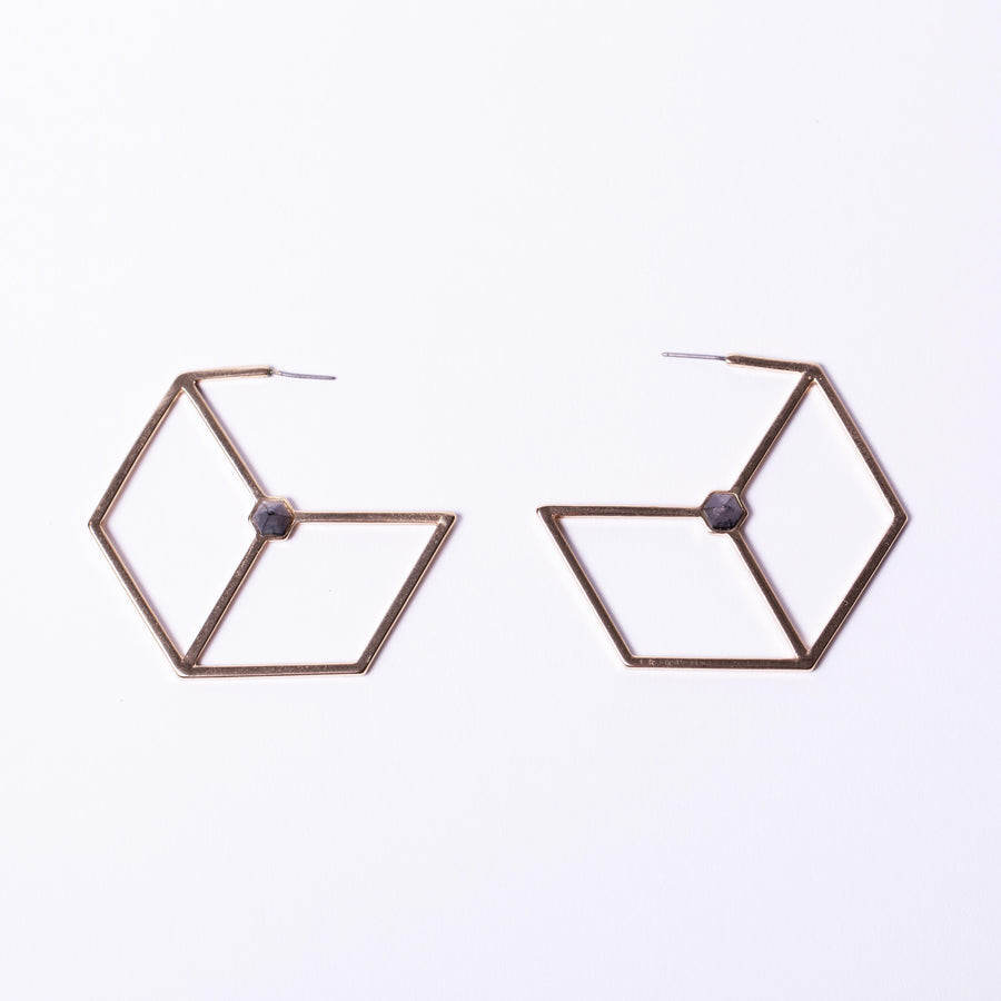 gold hexagon Labradorite pyramid cabochon statement thin hoop earring, jewellery layout 