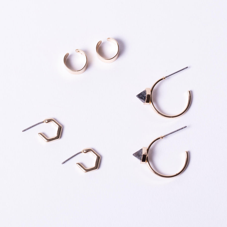 Hexagon Labradorite Hoop Earring Pack With Ear Cuff, jewellery layout