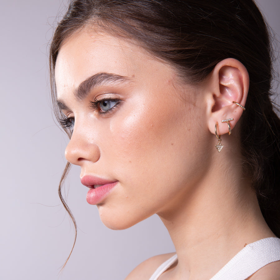 Gold crystal pave triangle charm mini hoop, T pave hoop, crystal ear cuff on model