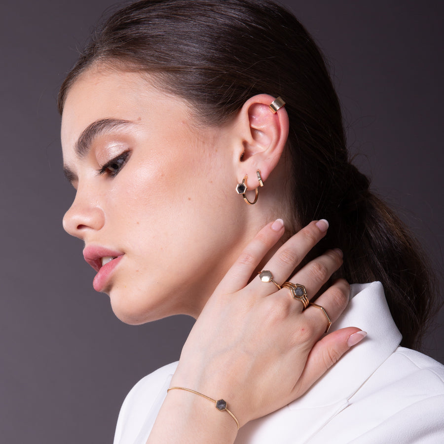 Hexagon Labradorite Hoop Earring Pack With Ear Cuff on a model wearing white blazer and matching semi precious rings 