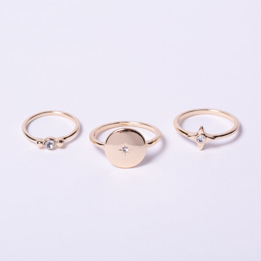 Gold coin signet and star crystal ring pack with midi ring