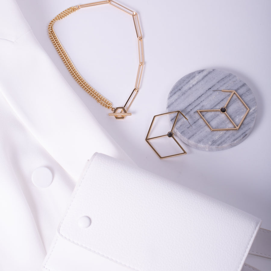 gold hexagon Labradorite pyramid cabochon statement thin hoop earring, jewellery and OOTD layout 